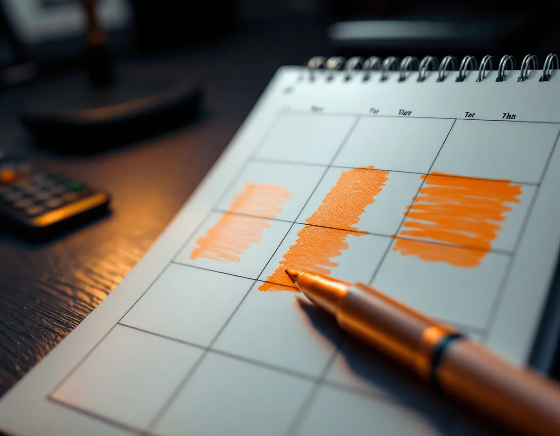 Wall calendar with four consecutive holiday weekend days blocked out in orange marker beside an office desk phone