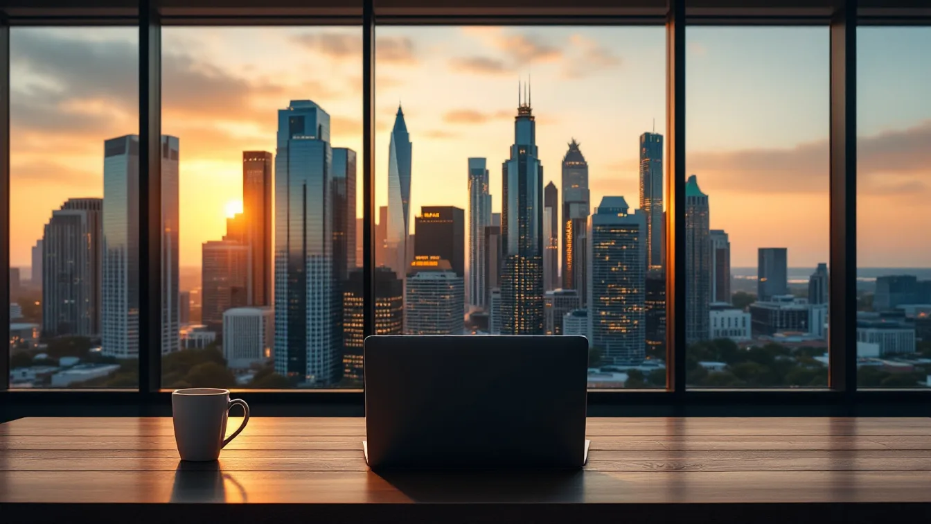 Houston Business Journal private companies list 2026, downtown Houston skyline at sunset seen from an office desk