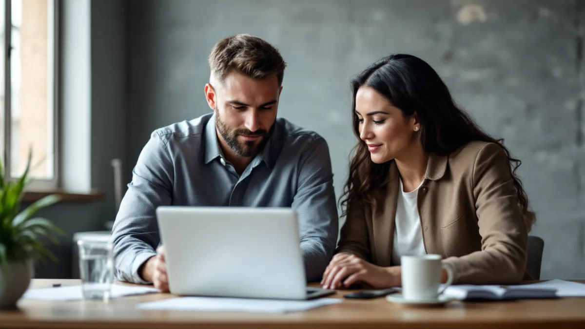 Business owner and operations manager comparing managed IT providers on a laptop