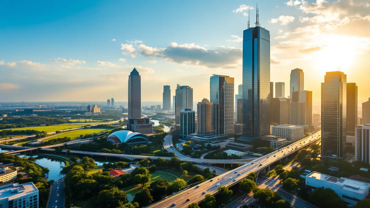 Aerial view of a Texas downtown business district with office towers and freeways, home to many private companies
