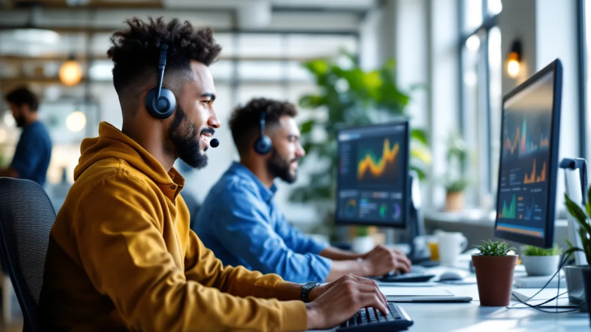 Managed IT support engineers with headsets helping clients from a bright Texas office