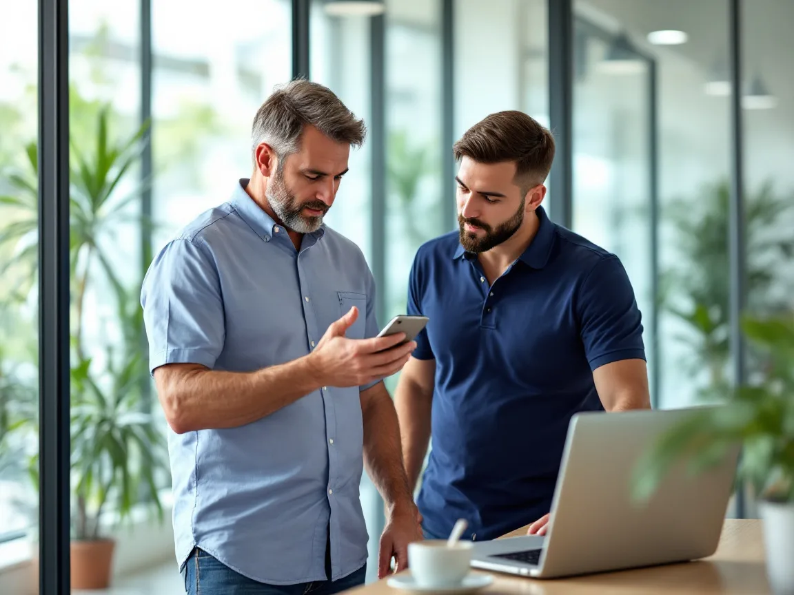 Houston business owner approving a multifactor sign-in on his phone while an IT technician explains the setup