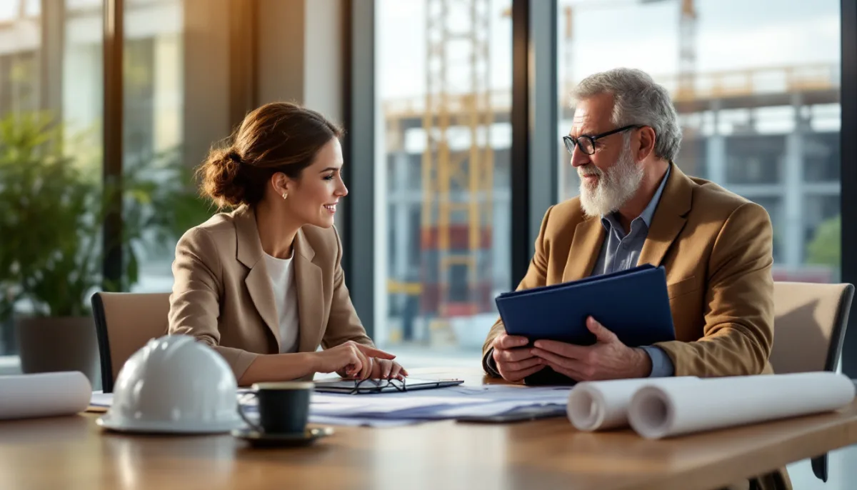 Operations director and controller at a Houston general contractor discussing IT providers in a conference room overlooking a build