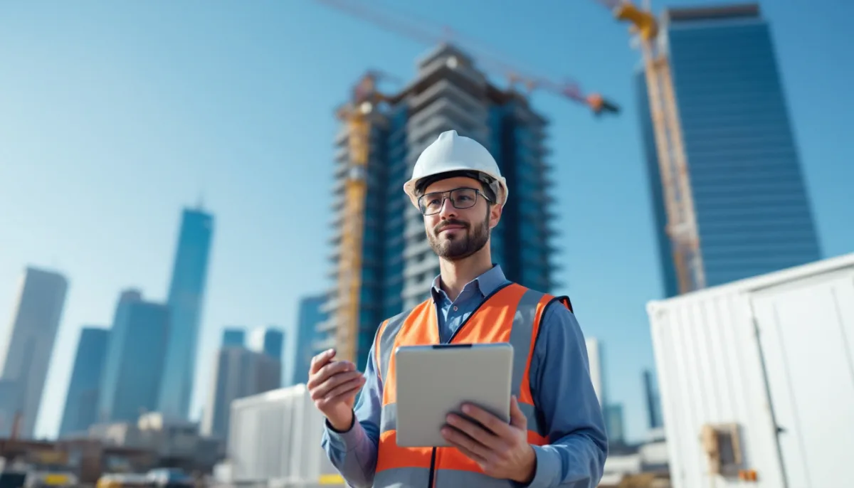 Project engineer with a rugged tablet beside a jobsite office trailer on a Houston commercial construction site