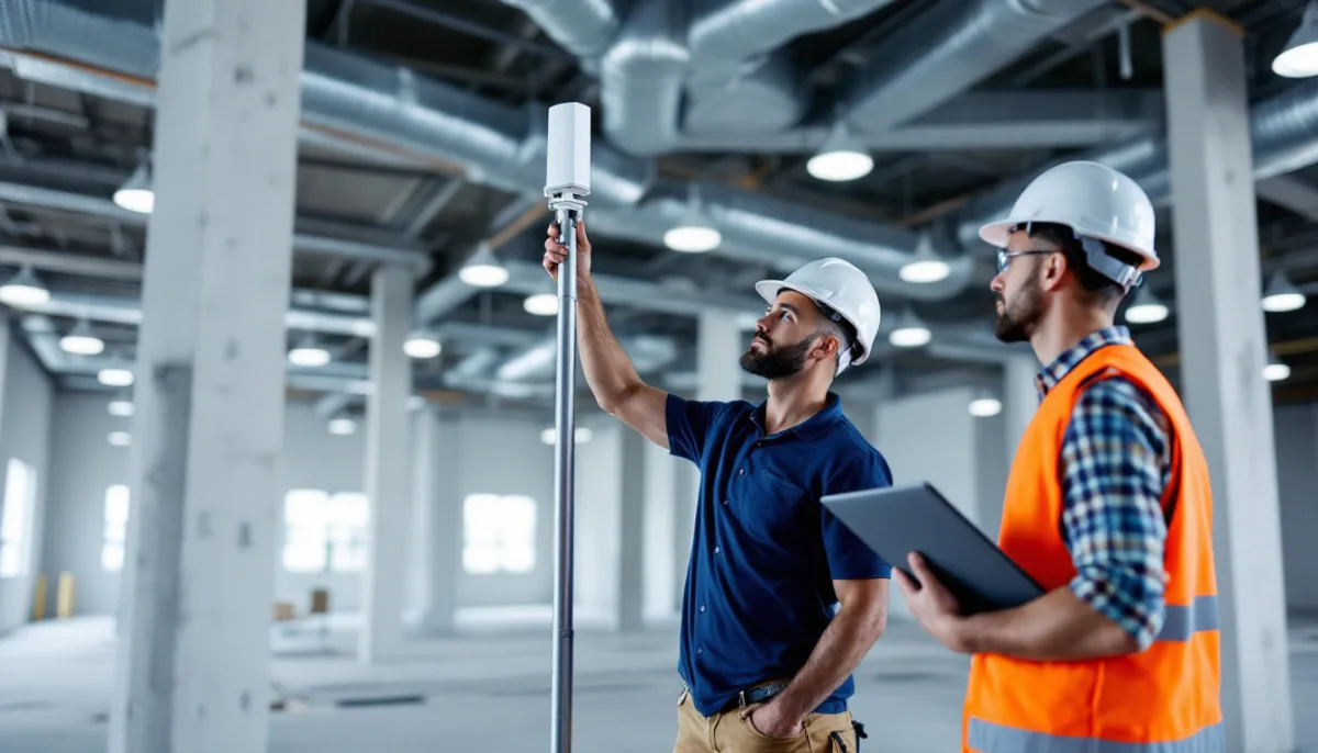 IT engineer mounting a temporary wireless access point inside a Houston commercial building under construction
