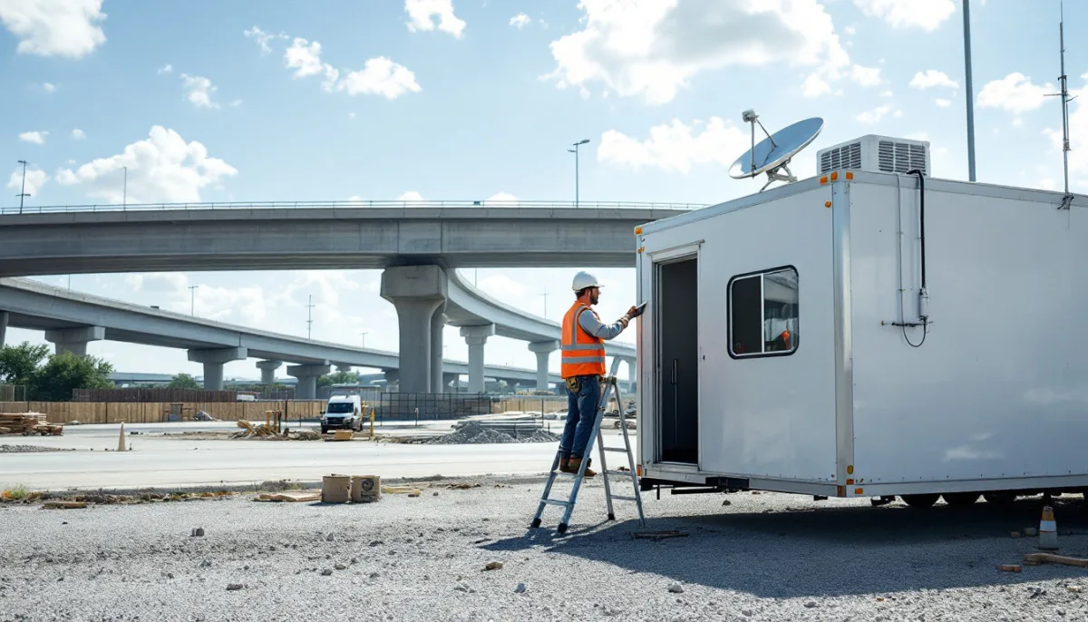Field technician mounting a satellite dish and cellular antenna on a jobsite trailer at a Houston highway interchange project