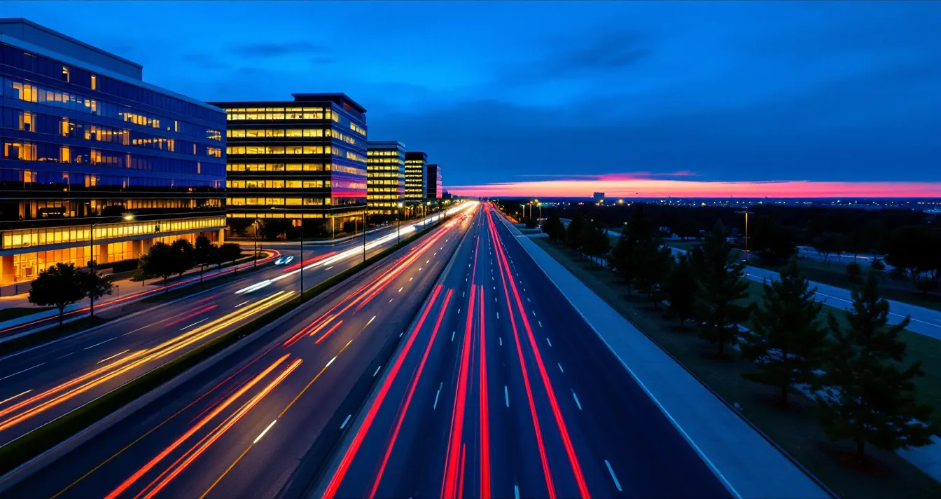 Glass office buildings beside a west Houston freeway at blue hour, with red and white traffic light trails and a pink sunset on the horizon