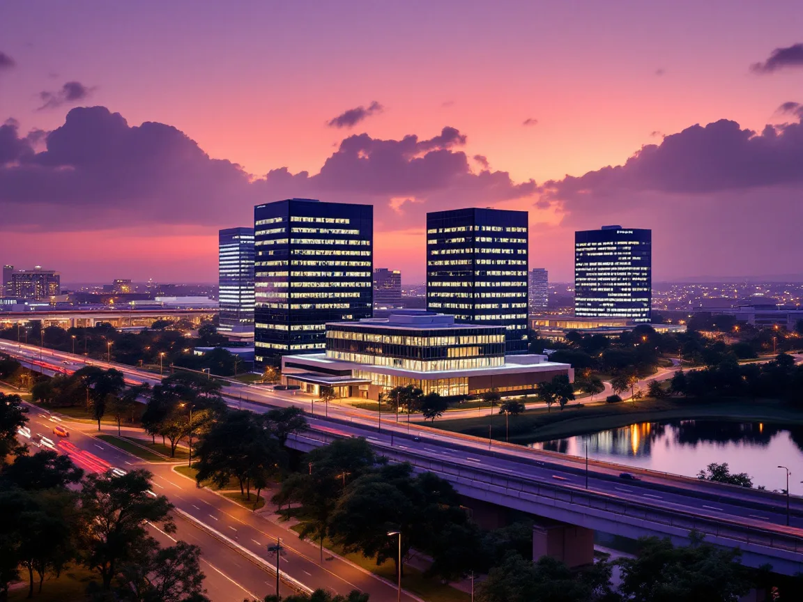 Mid-rise corporate office buildings beside a Texas freeway at dusk, the kind of offices where energy companies run billing and engineering systems