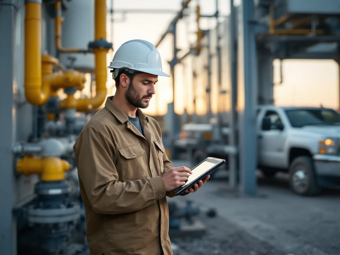 Field service technician in a hard hat checking a rugged tablet beside a natural gas compressor skid