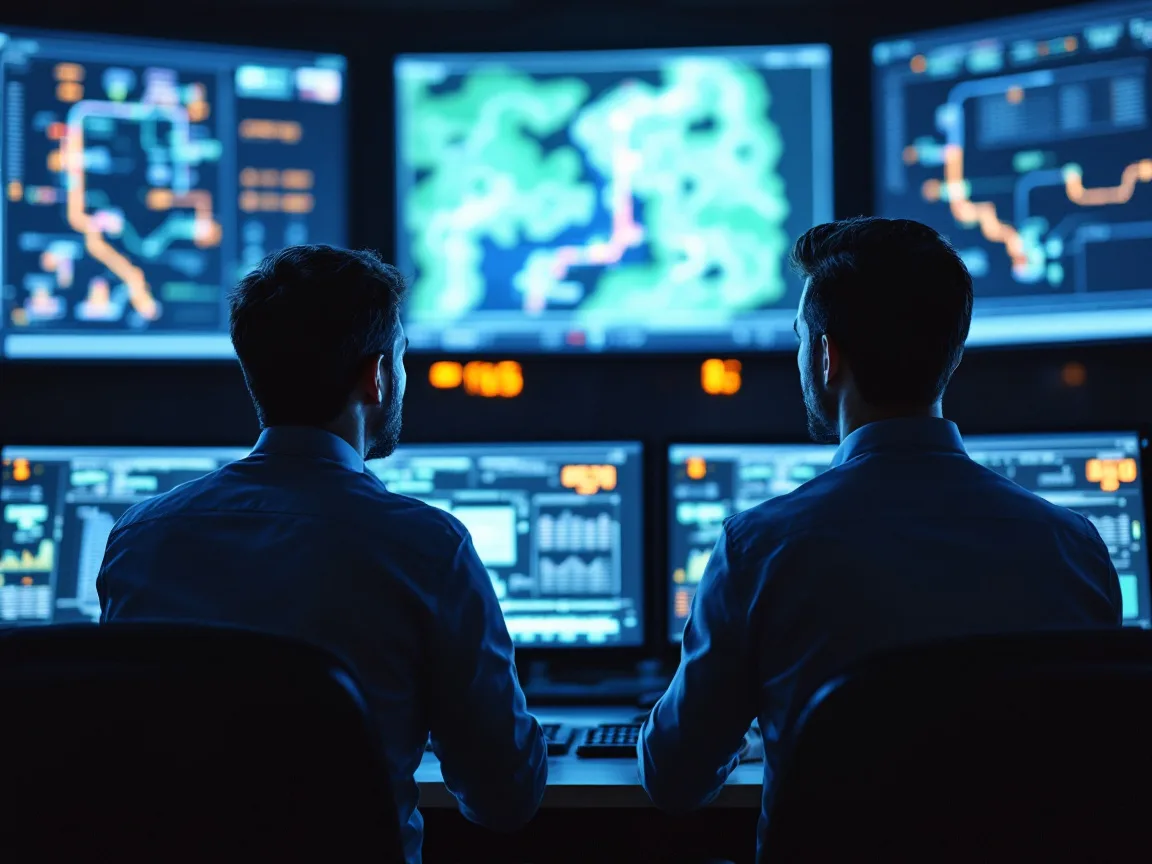 Two pipeline control room operators watching flow charts and a system map on a wall of monitors