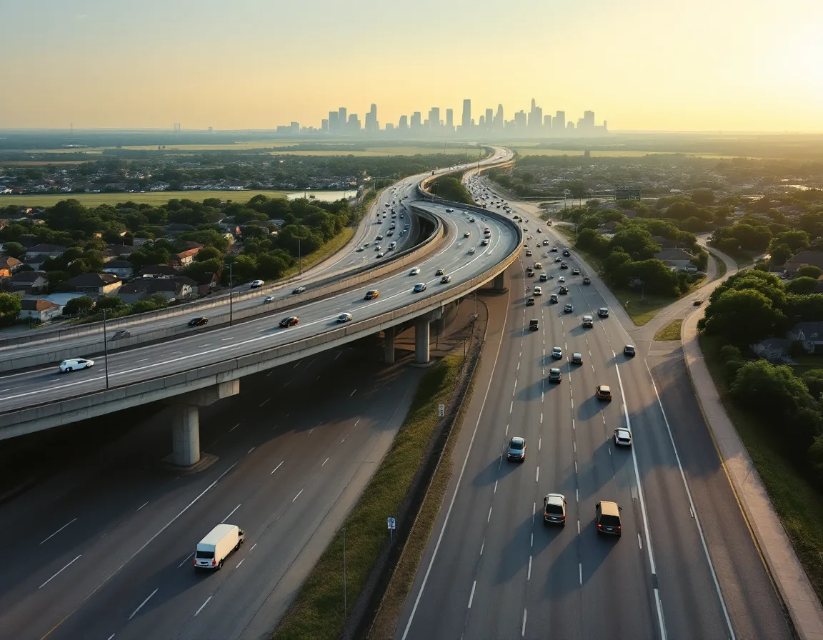 Morning traffic on a Houston freeway interchange, the drive an onsite technician makes to reach Katy and Fort Bend County offices