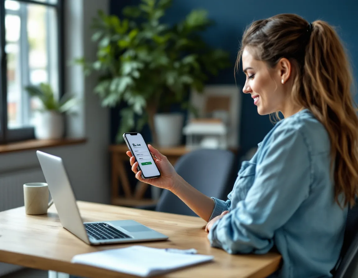 Office manager approving a multifactor sign-in request on her phone at a desk in a small Houston office