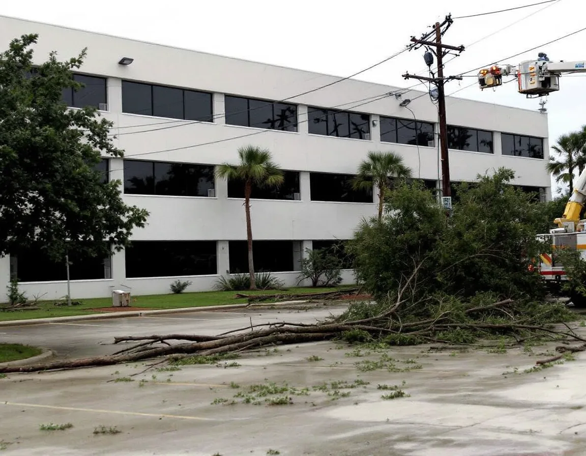 Office building parking lot scattered with fallen tree limbs after a hurricane while a utility bucket truck repairs a power line