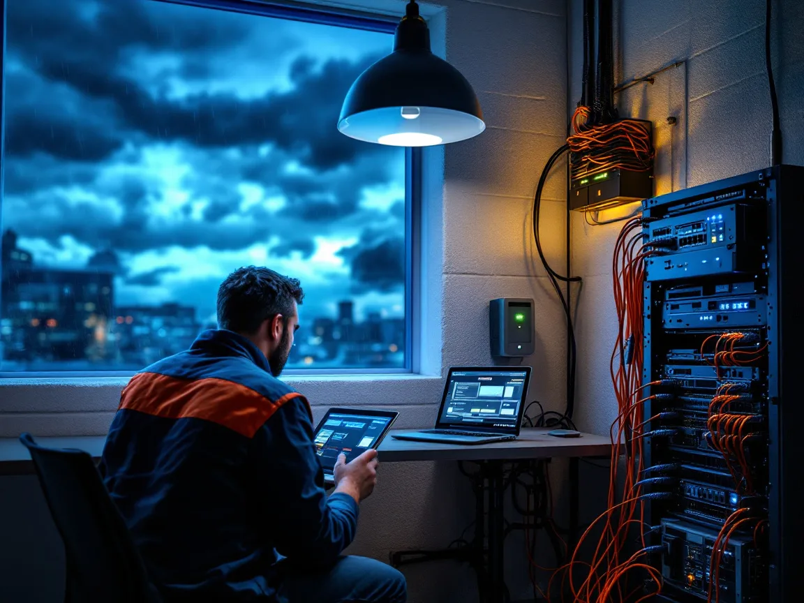 IT technician checking backup status in a small Houston office server closet as storm clouds gather outside