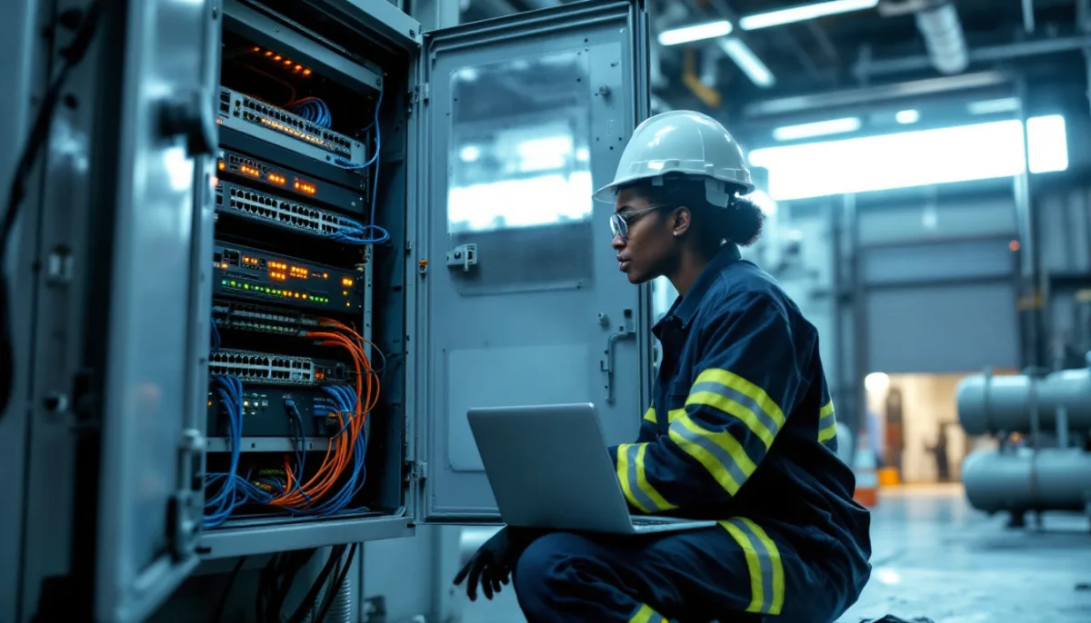 Network engineer in flame-resistant coveralls checking OT network switches in a control cabinet at a Houston-area compressor station