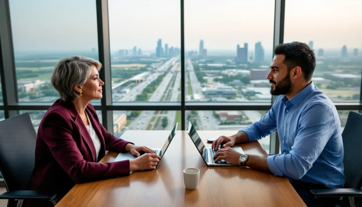 Oil and gas CFO and IT manager comparing IT service providers in an Energy Corridor office overlooking Houston