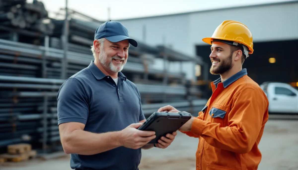 IT technician handing a rugged field tablet to an oilfield services operator at a Houston pipe yard