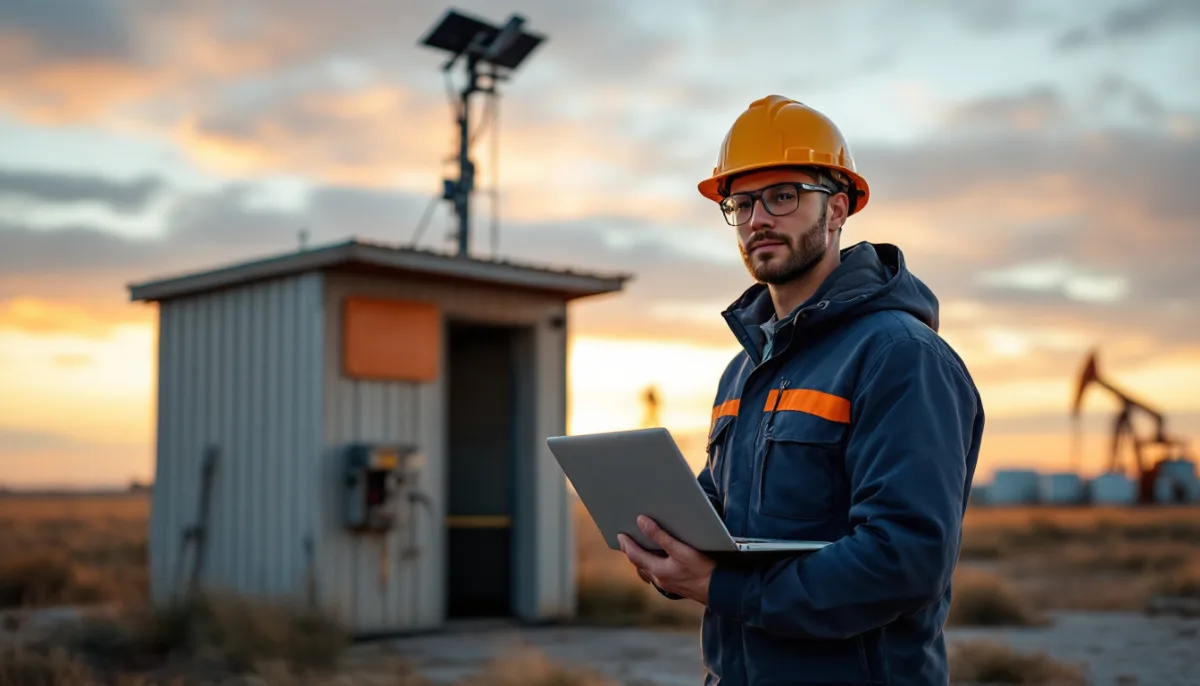 Field IT technician with a rugged laptop beside a solar-powered wellsite equipment shelter near Houston at sunset, pumpjacks behind