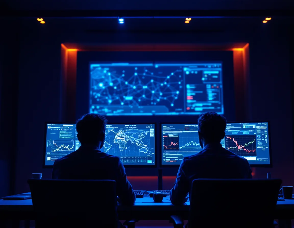 Two security analysts watching network maps and alert timelines in a security operations center at night
