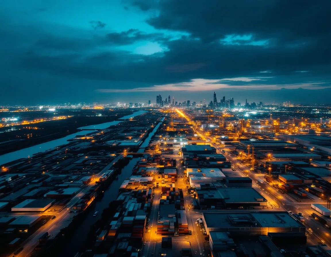 Aerial view of the Houston Ship Channel industrial corridor at dusk with stacked shipping containers, warehouses and the downtown skyline lit on the horizon