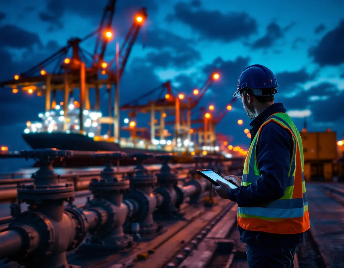 Engineer with a tablet beside pipeline valves at a ship channel terminal at dusk, the kind of OT site the Coast Guard cyber rule covers