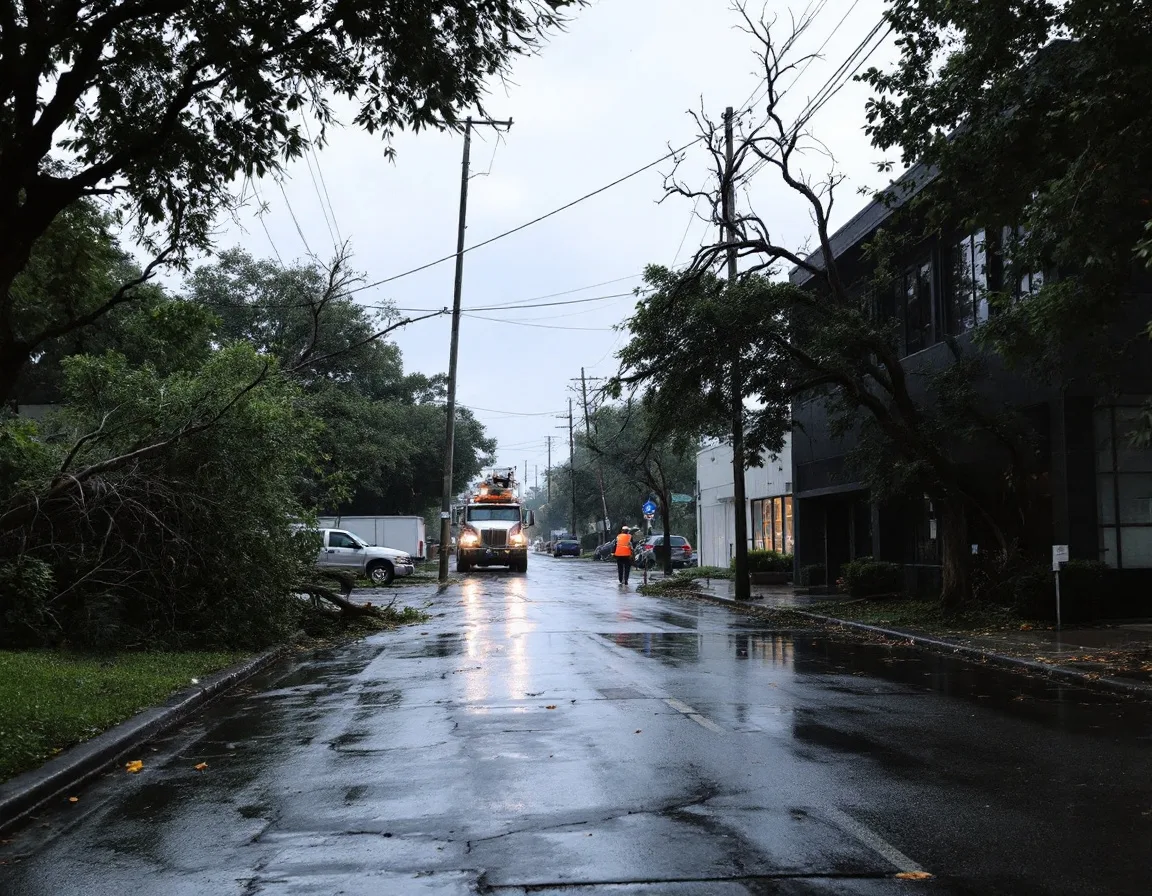 Houston business district without power after a severe summer storm with a utility crew working down the street