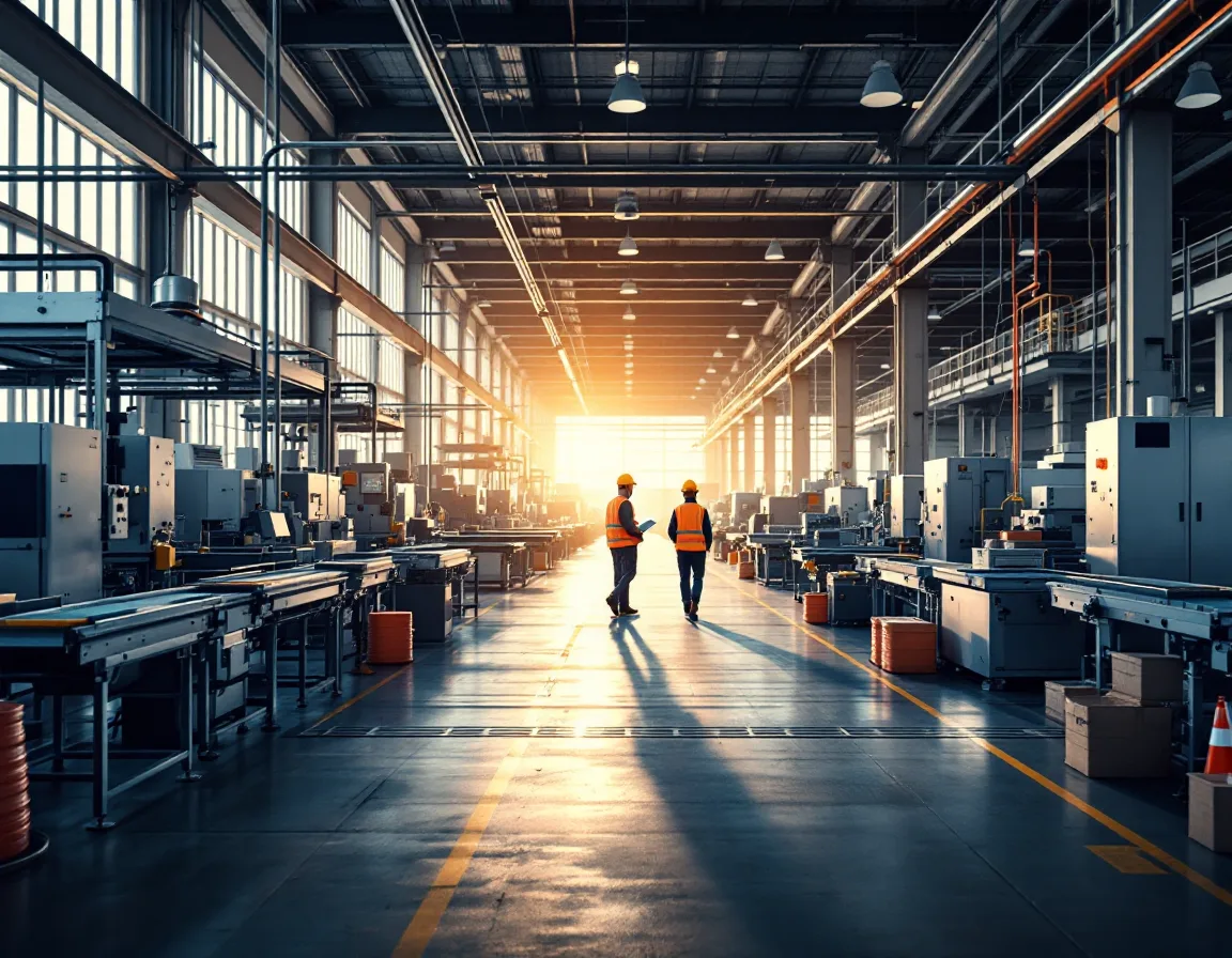 Two workers in hard hats and safety vests walking an idle manufacturing plant floor during a planned shutdown, one carrying a laptop