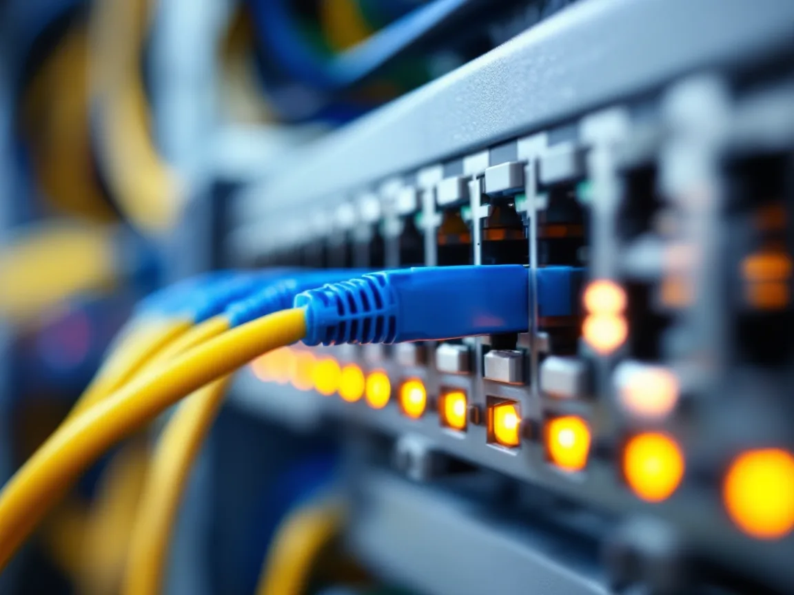 Close-up of blue and yellow patch cables plugged into an industrial network switch inside a control cabinet, with amber link lights showing active connections