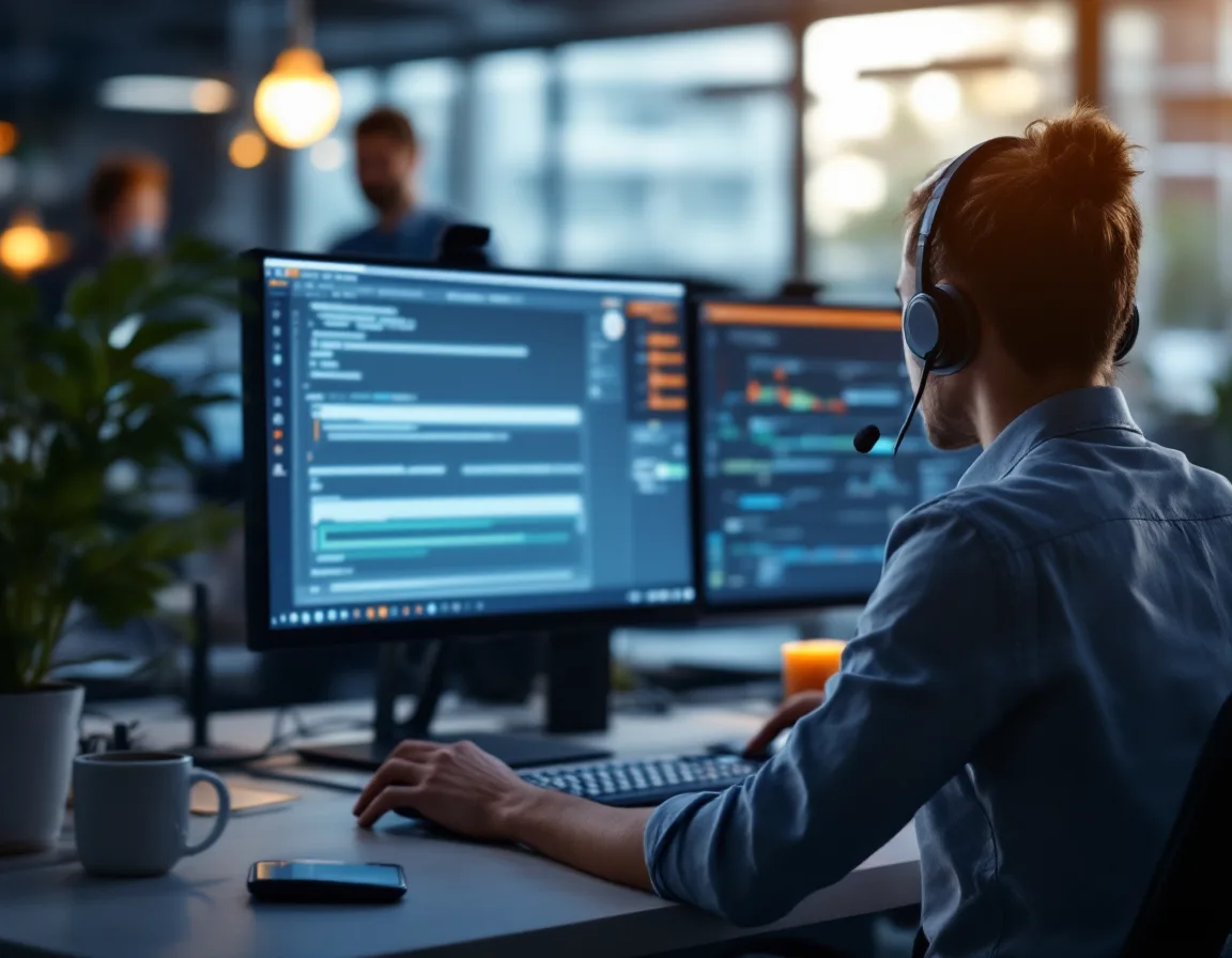 Internal IT support specialist working a ticket queue at a dual monitor desk in an open plan Texas office