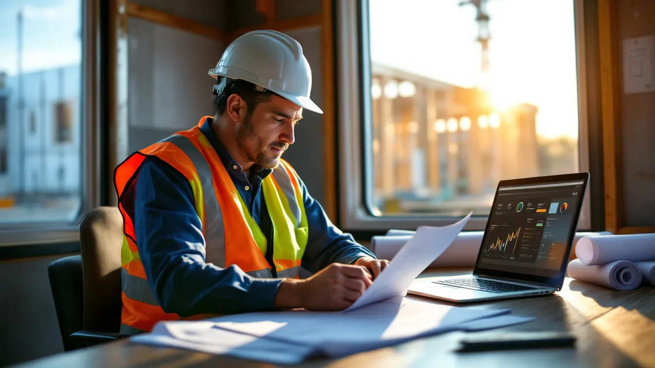 Texas general contractor project executive reviewing a construction contract and a security dashboard in a jobsite trailer