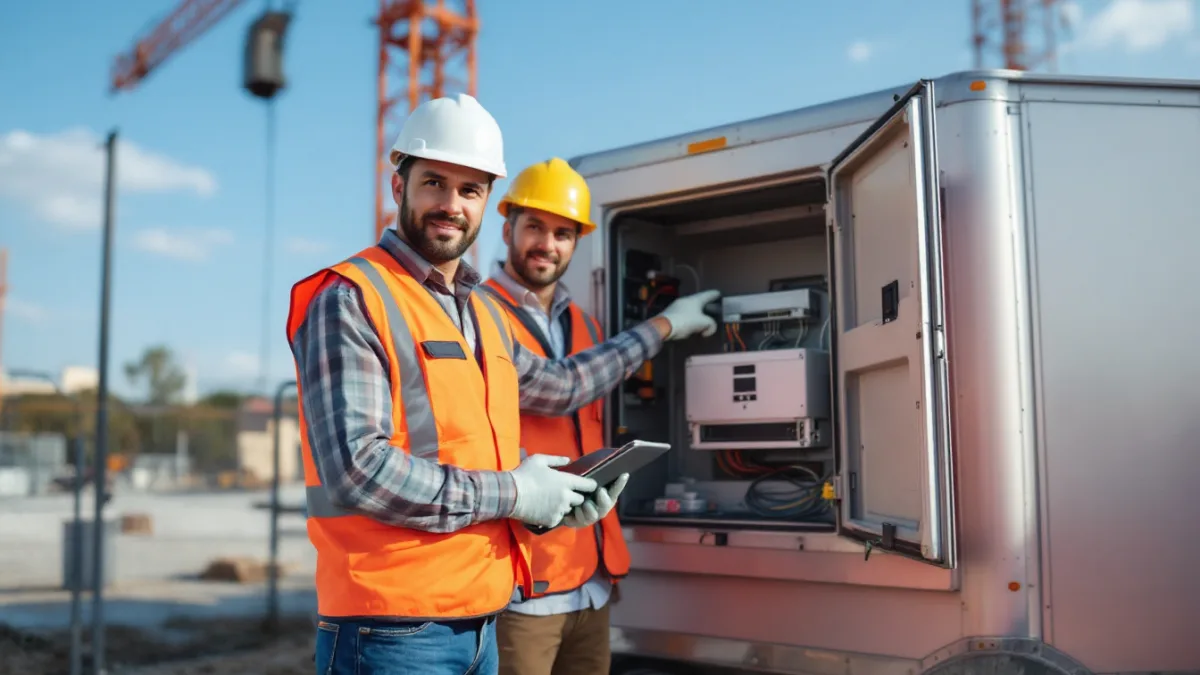 Superintendent and IT engineer checking a jobsite network cabinet on a federal construction project in Texas