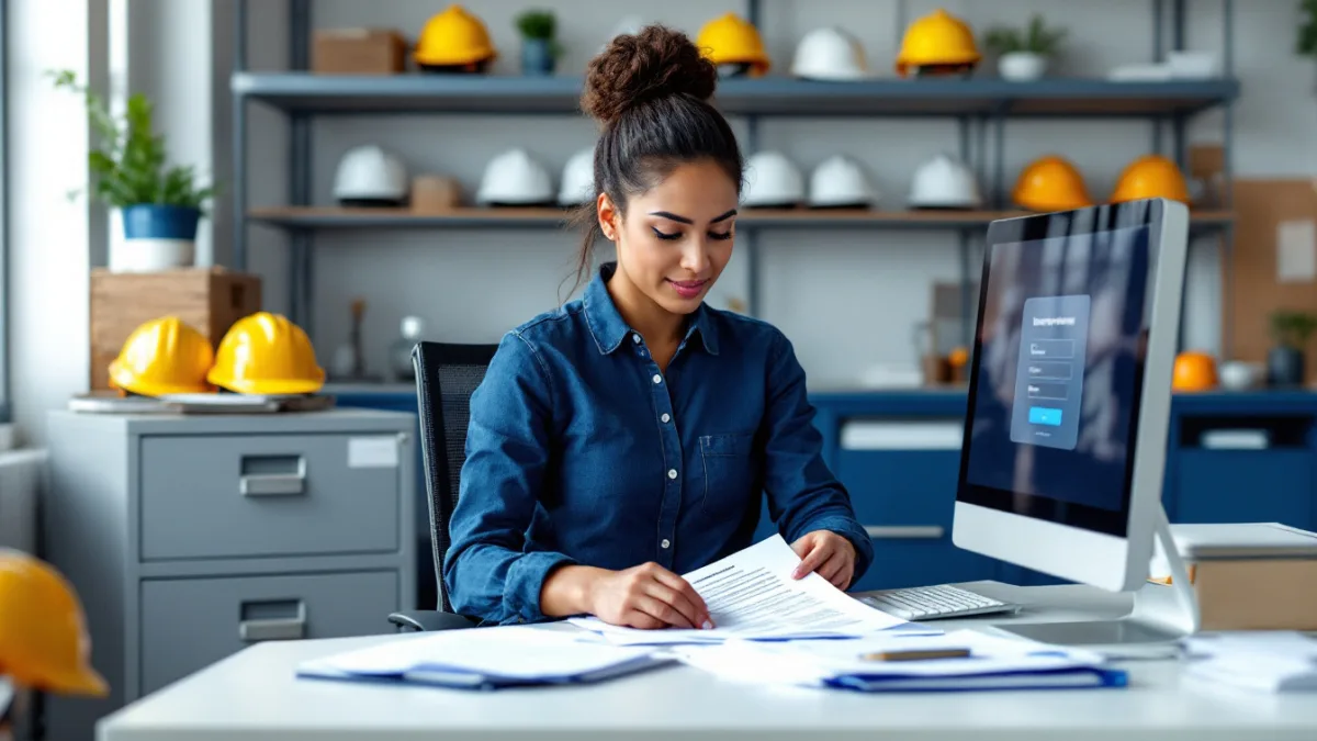 Payroll coordinator at a Texas construction company reviewing employee records beside a locked file cabinet and a secure login screen