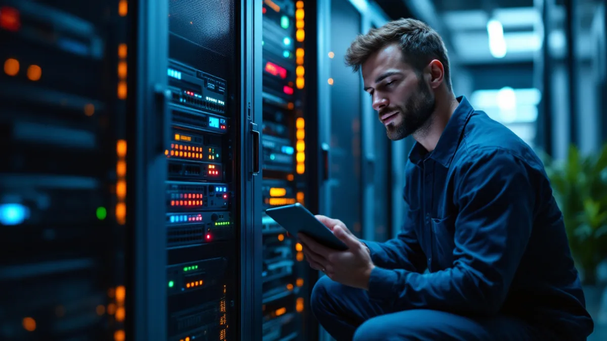 IT engineer checking a UPS battery backup and network switch in an office server closet after a power outage