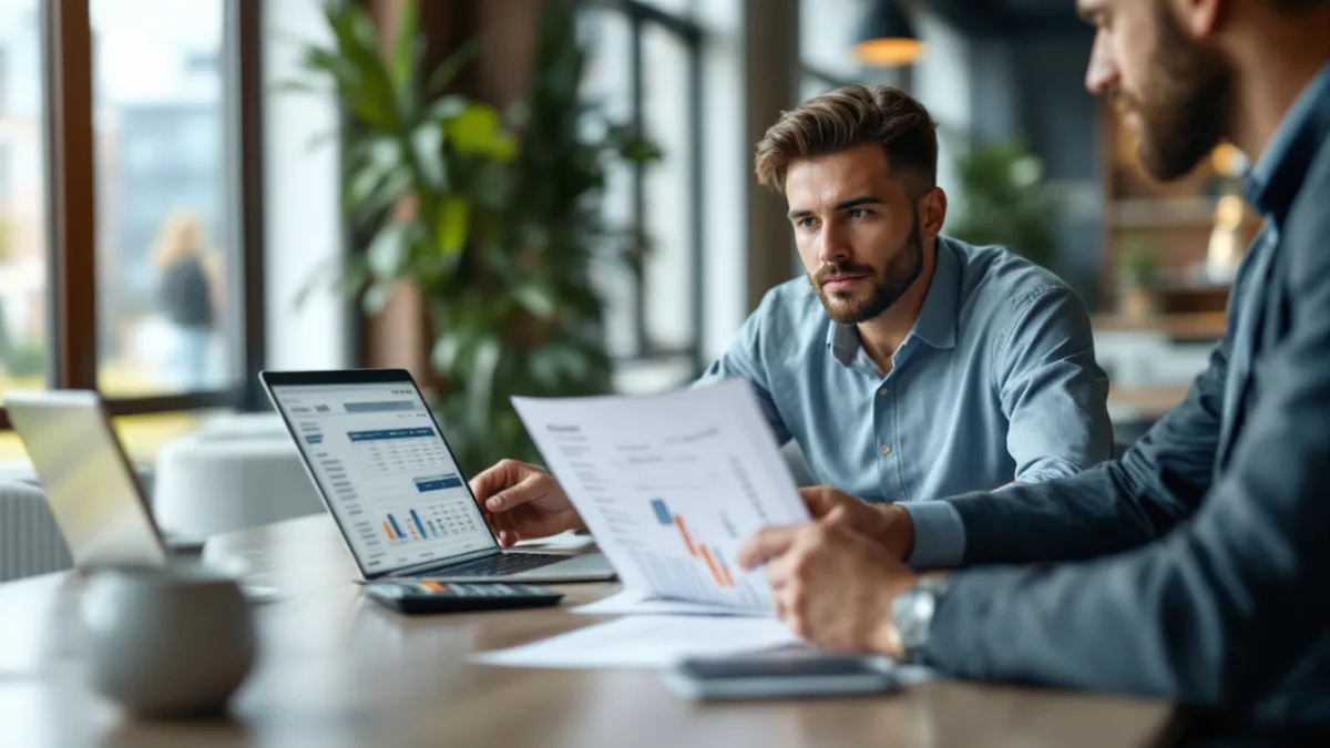 Business owner and operations manager reviewing payroll and revenue figures at a Texas office conference table