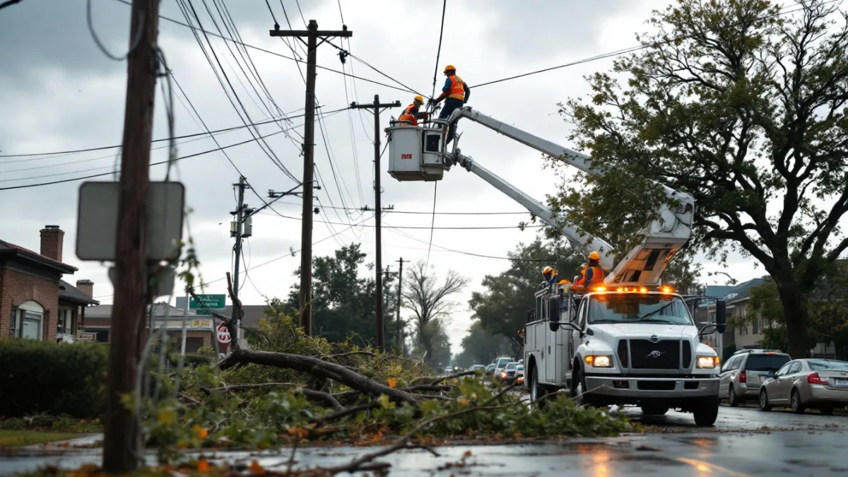 Utility line workers in a bucket truck repairing a downed power line on a Texas street after a severe storm