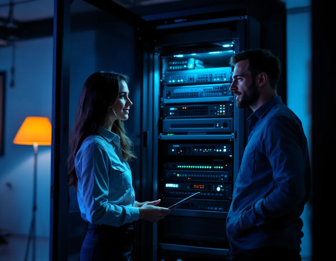 Operations manager holding a tablet and talking with an IT engineer beside a server rack with a firewall, switches and a backup appliance