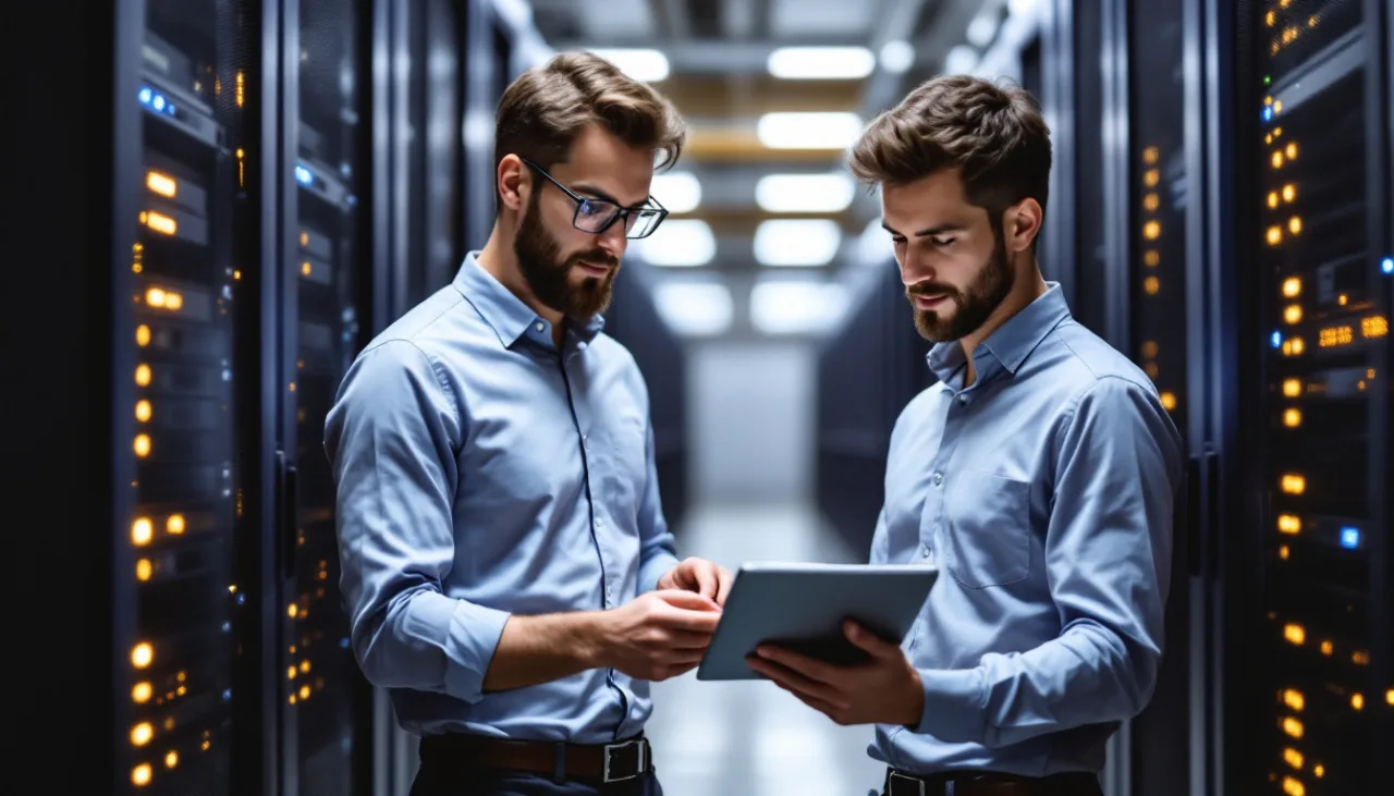 Two IT engineers reviewing a rack elevation diagram on a tablet inside a data center
