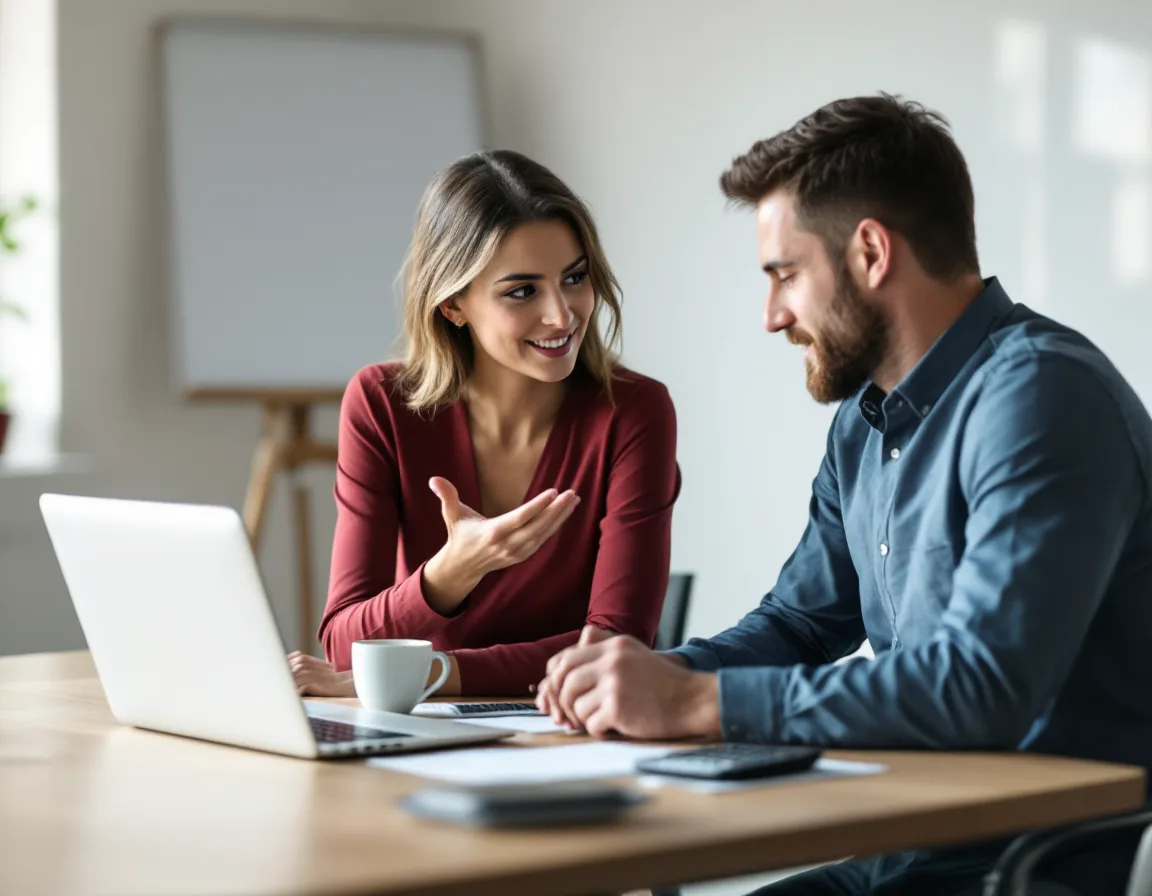 Houston business owner and office manager reviewing IT outsourcing costs on a laptop