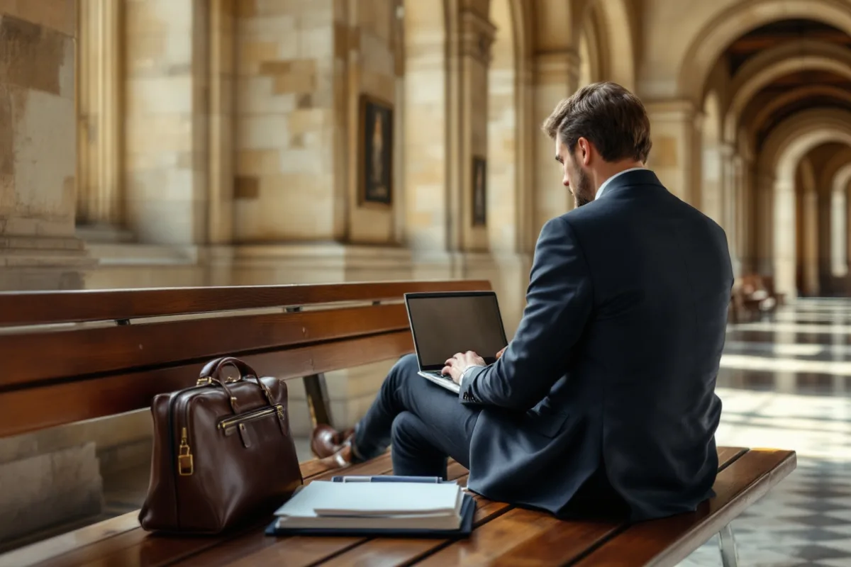 Attorney working on a laptop on a bench in a stone courthouse hallway between hearings