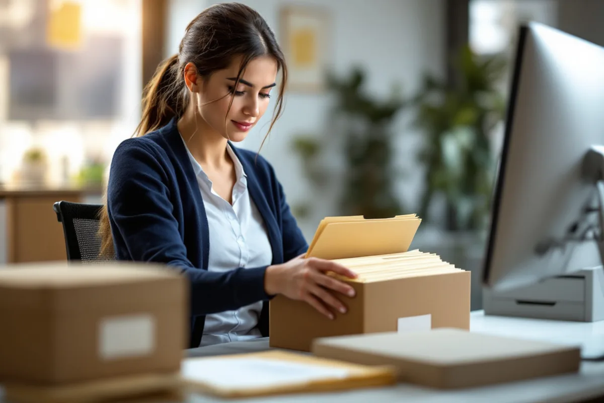 Paralegal organizing client medical record folders into archive boxes at a desk in a law office