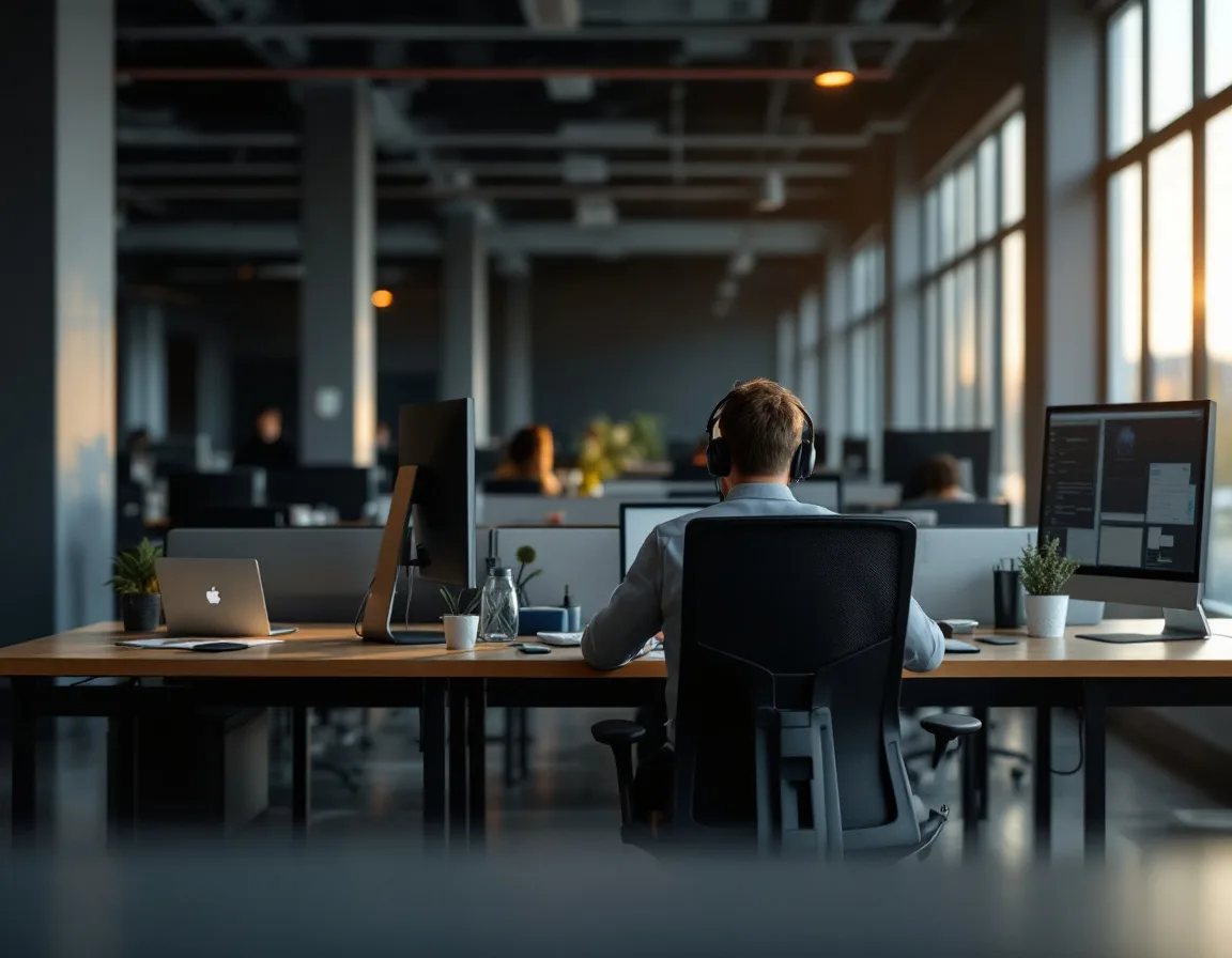 A single IT support analyst wearing a headset working at a long desk in a large open Houston office as evening light fades through the windows
