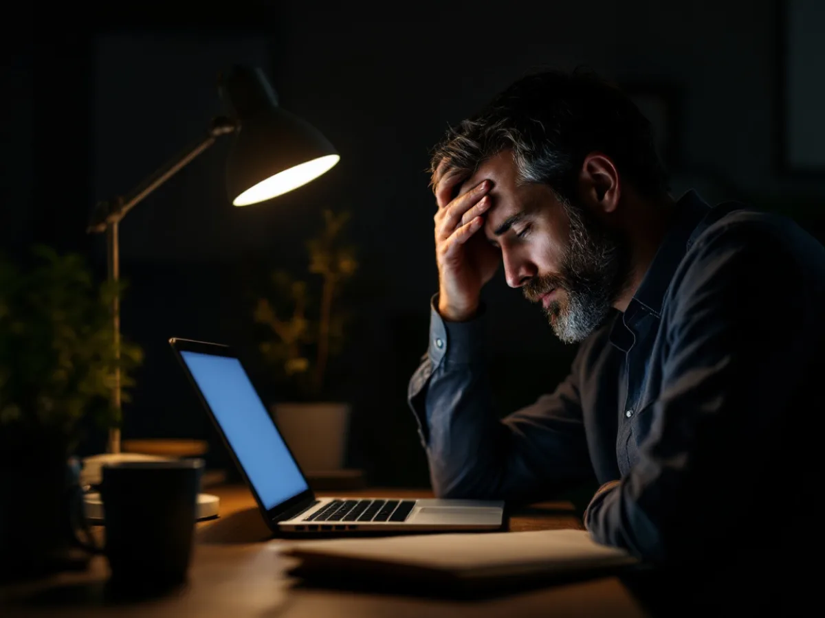Business owner reviewing a cyber insurance application late at night under a desk lamp