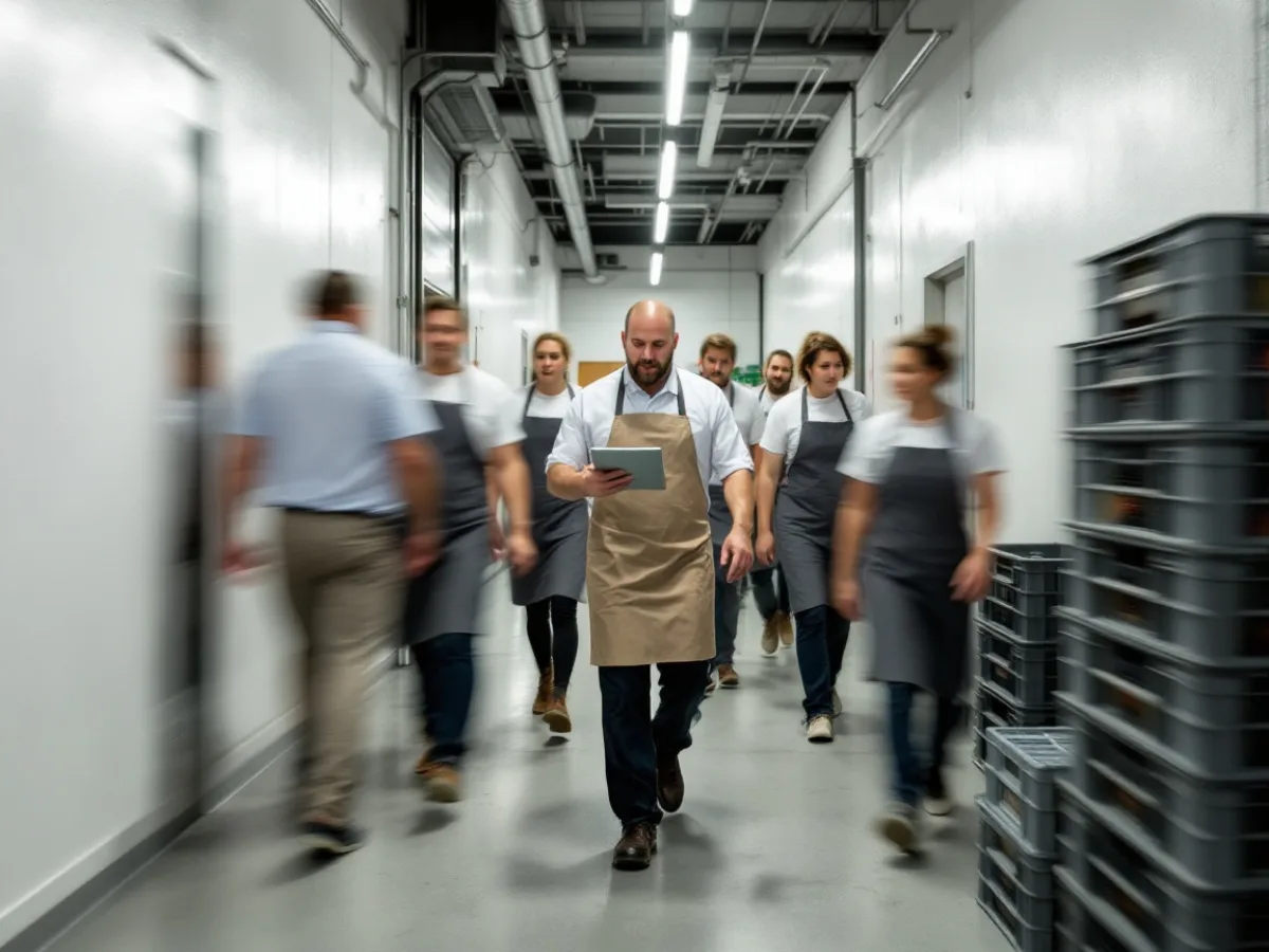 Shift change in a San Antonio hospitality business as a supervisor counts staff on a tablet