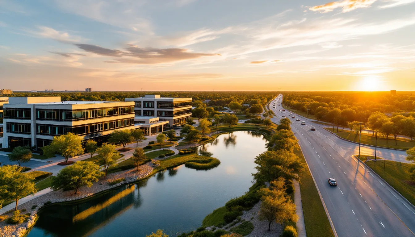 Low-rise office park beside a retention pond and a freeway frontage road at sunset on the prairie west of Houston