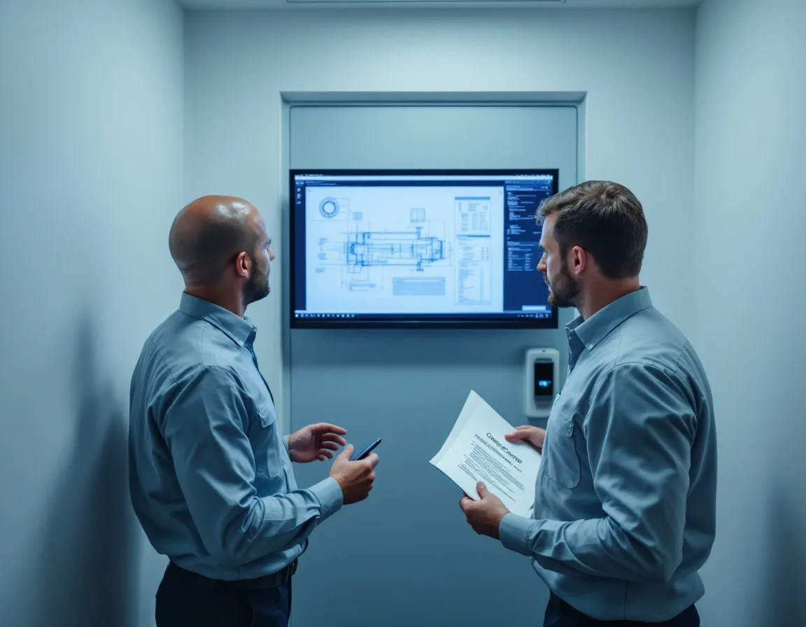 Two engineers reviewing an engineering drawing and a printed subcontract clause document inside a badge-controlled secure review room