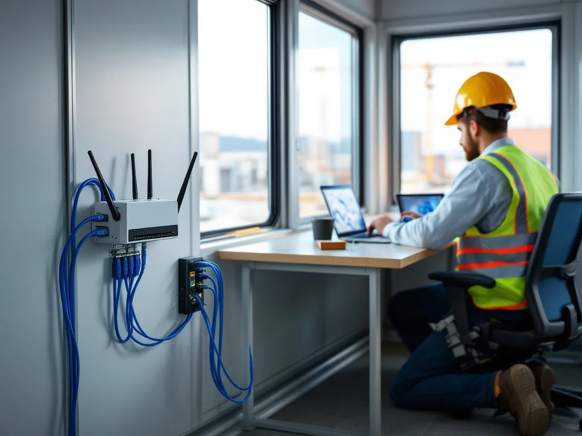 Wall-mounted cellular router and network switch with blue patch cables inside a jobsite trailer while a project engineer works on a laptop