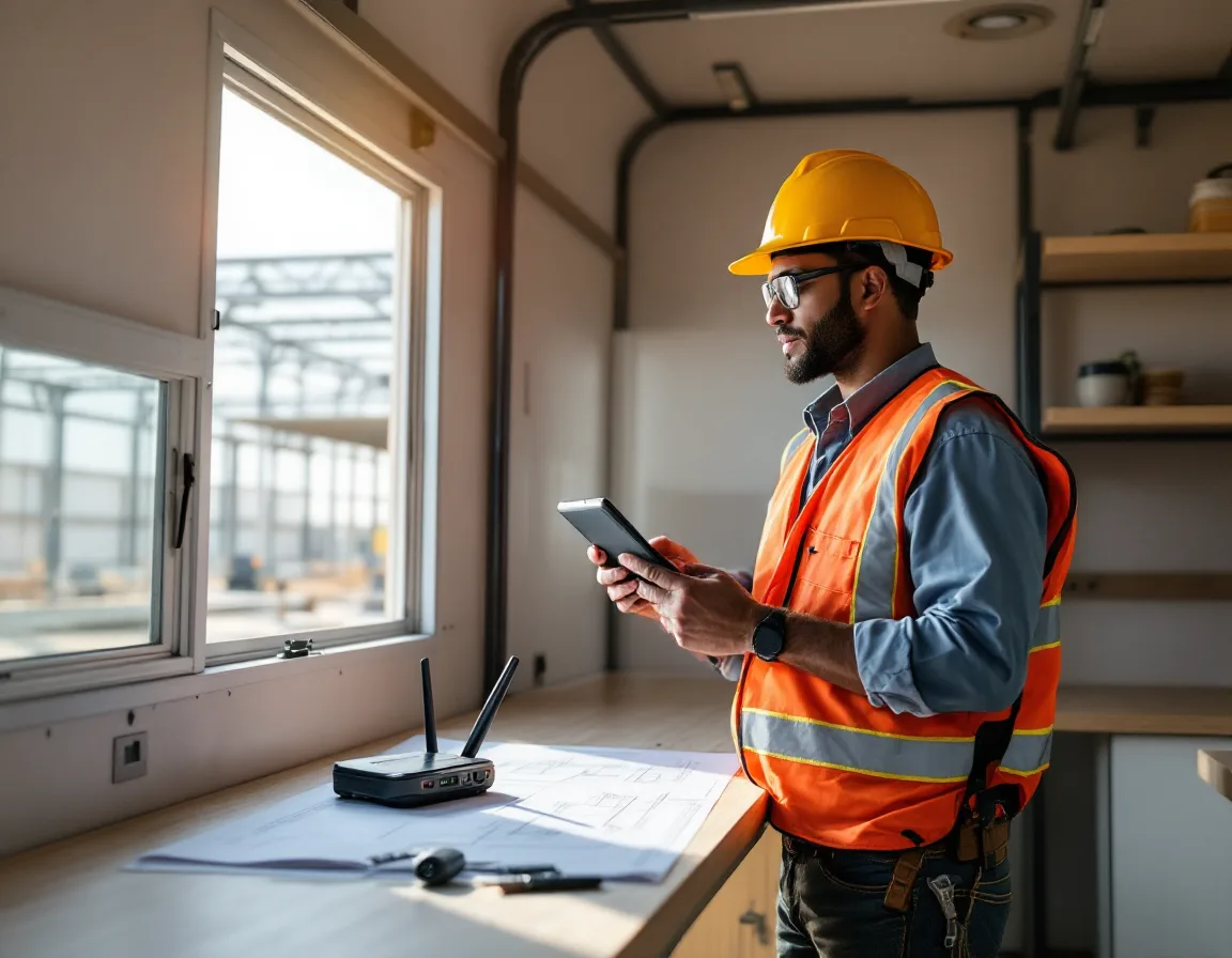 Construction superintendent checking a rugged tablet inside a jobsite office trailer beside a cellular router and plans