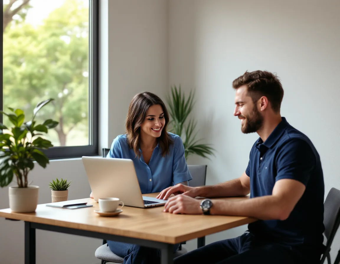 Office manager and an IT consultant reviewing a support plan on a laptop in a small suburban Texas office