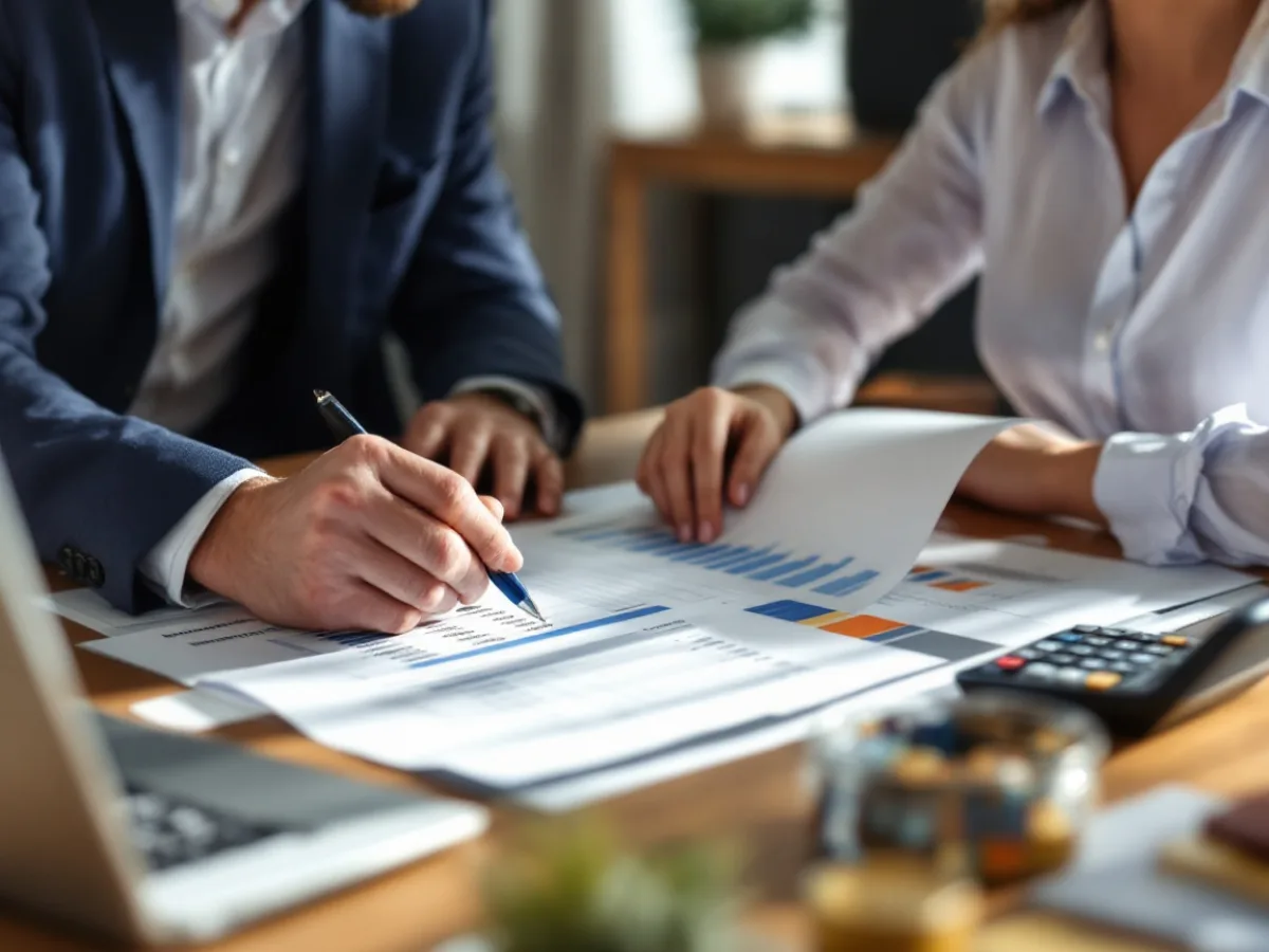 Managing partner and office manager reviewing a printed IT budget with a calculator at a law office desk