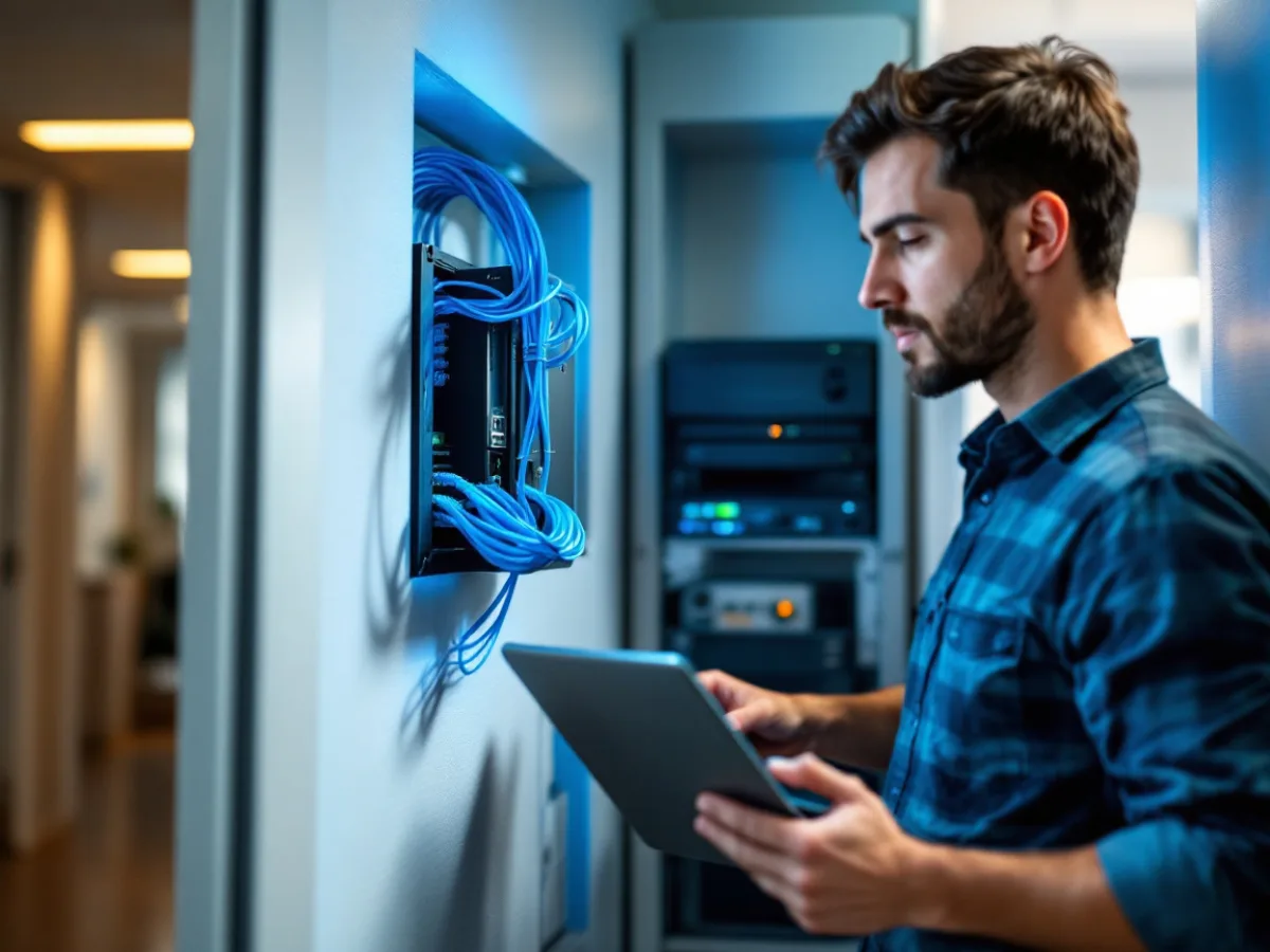 IT technician checking a wall mounted network rack in a small law office while reading a tablet